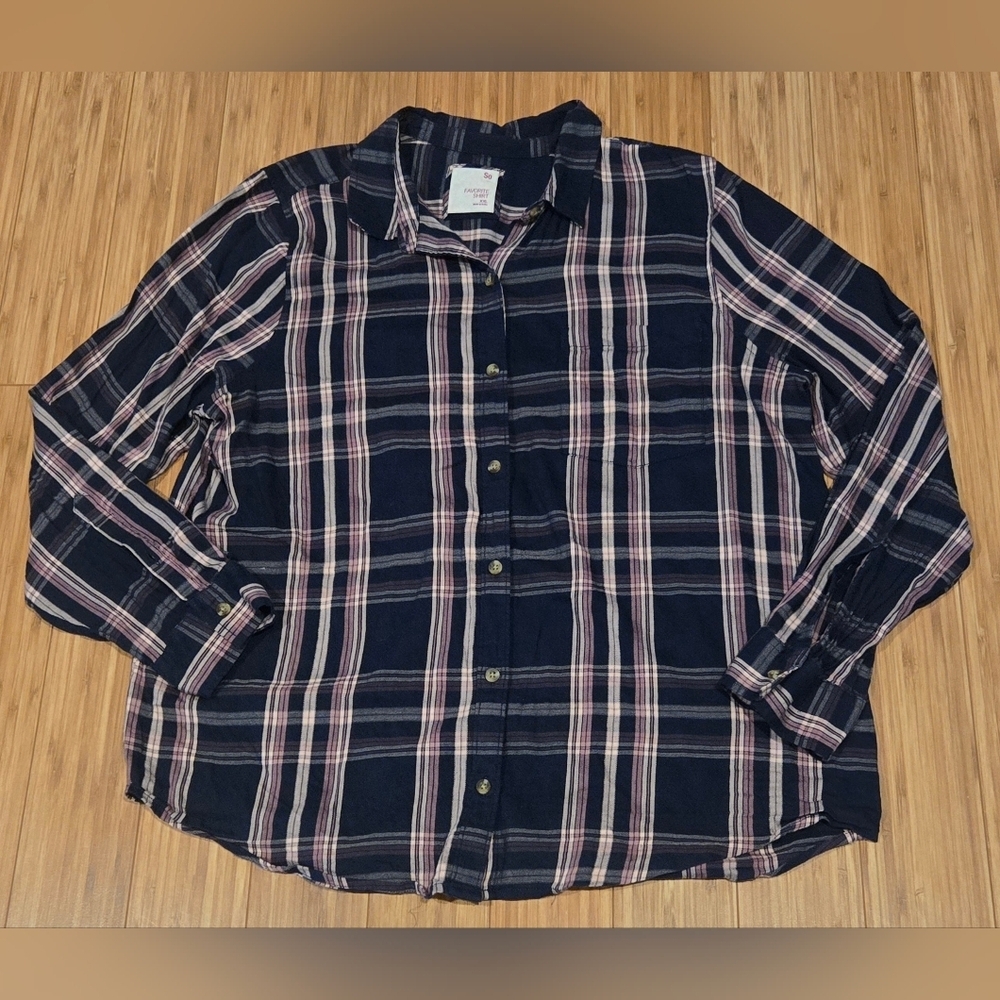 So Navy Plaid Button-Up Shirt with Pink Stripes